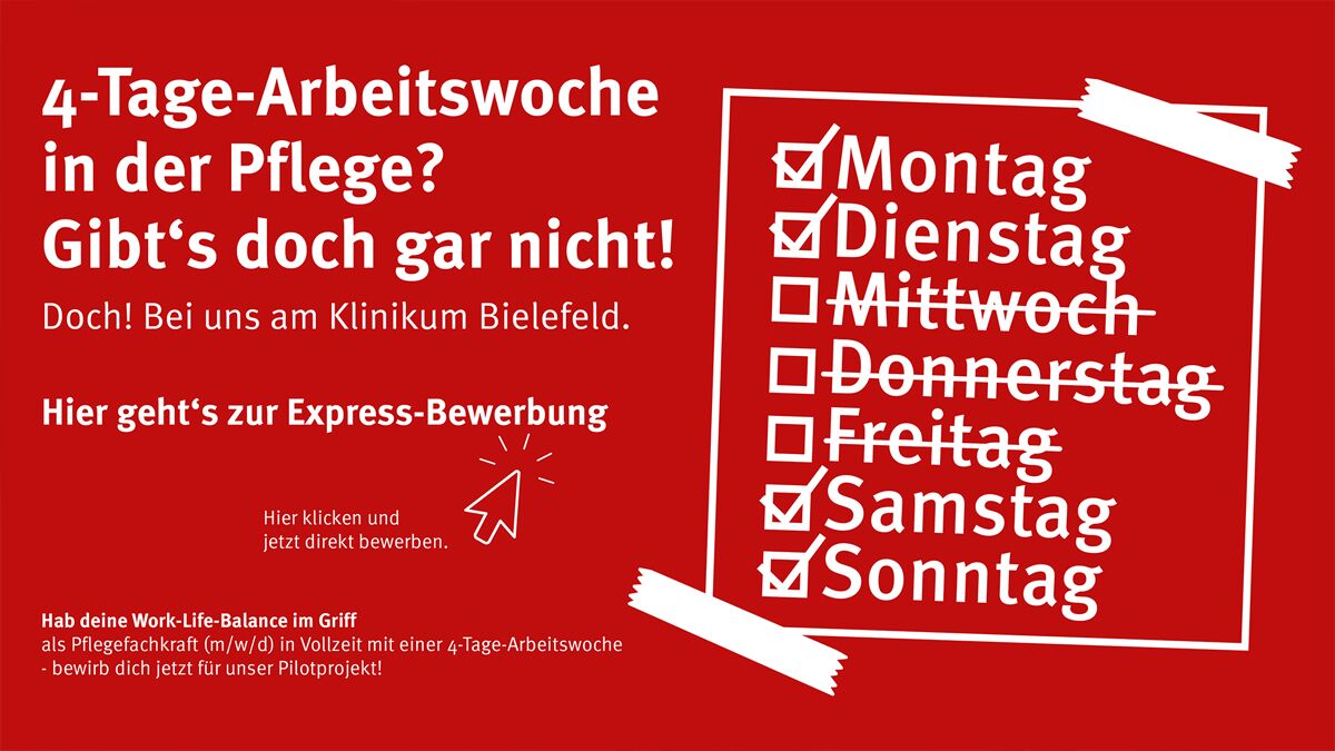 4-Tage-Arbeitswoche in der Pflege: Werbebild mit Link zur Expressbewerbung