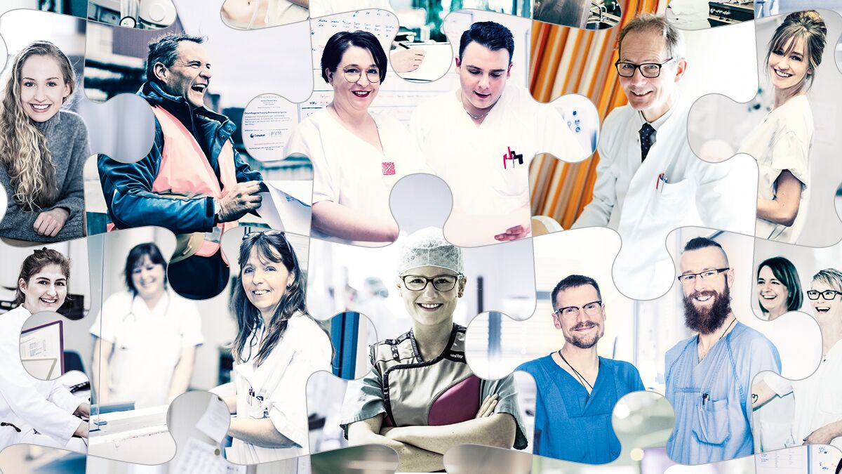 Foto-Collage: Mitarbeitende des Klinikums Bielefeld abgebildet in Puzzleteilen