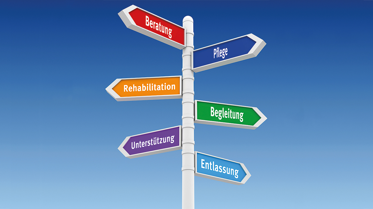 Bild Eins Straßenschilds mit sechs Abzweigungen in verschiedene Richtungen